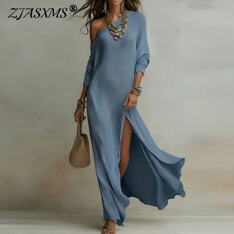 Robe longue bohème sexy à col asymétrique et dos nu pour femme, élégante, unie, fendue, chic, à manches longues, coupe trapèze, pour le printemps