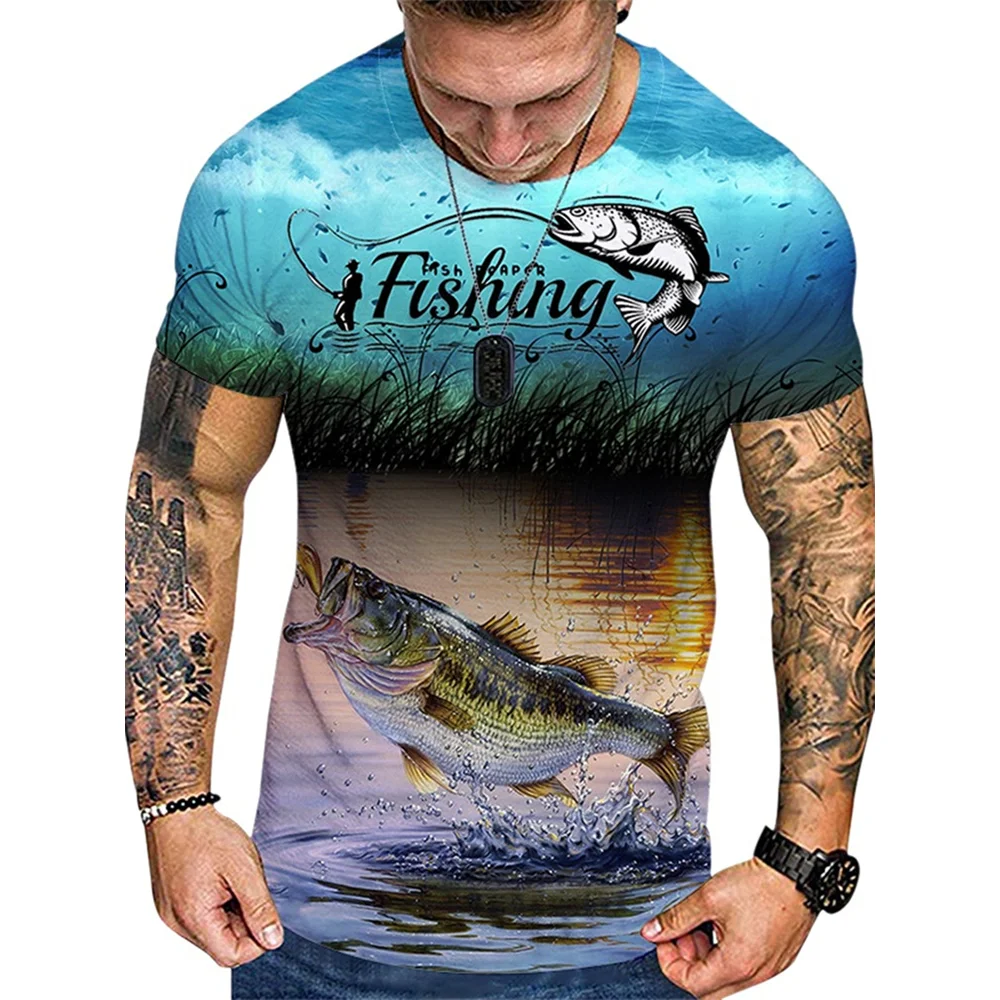 

T-Shirt For Men Fishing Pattern Tee 3D Printing Short Sleeve Top Casual Round Neck Shirt Harajuku Oversized Men's Clothing Tops