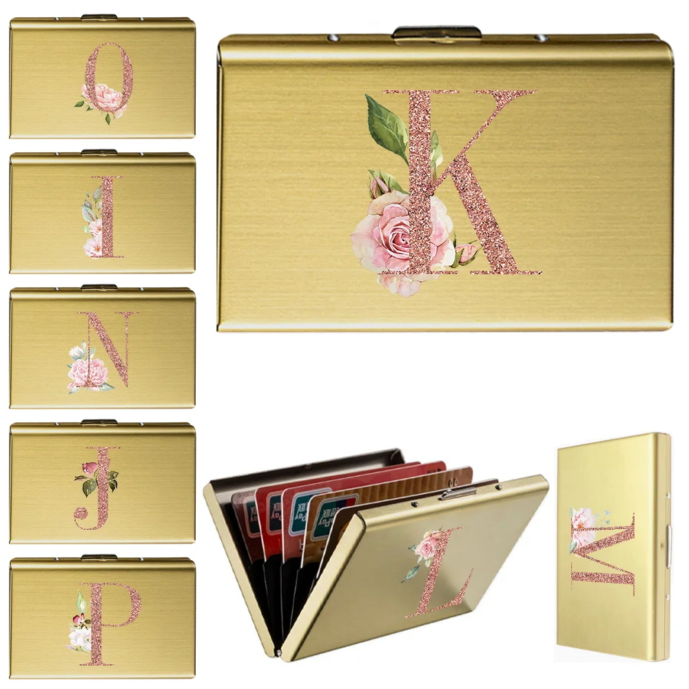 Simplicity Anti Theft Swipe Card Slot Metal Storage Box Men's Metal Cards Case Protective Cover Rose Rose Gold Pattern Series