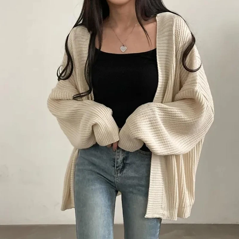 한국 단색 긴팔 가디건 여성 루즈핏 니트 스웨터 코트 여성 가을 겨울 랜턴 슬리브 가디건