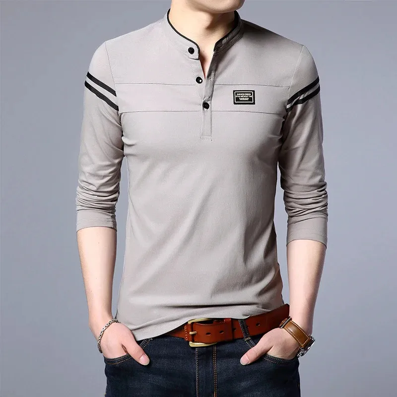 Men's Fashion Summer Long Sleeved POLO T-shirt Casual Cotton Breathable Top Stand Up Neck Long Sleeve Korean Comfortable Shirt