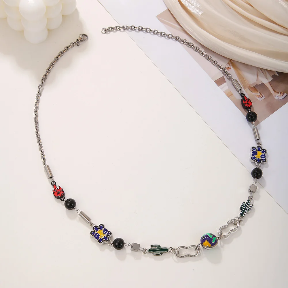 Vintage Stainless Steel Necklace For Men Colorful Enamel Fire Flowers Charms Necklace Choker Link Chain Necklace Women Jewelry