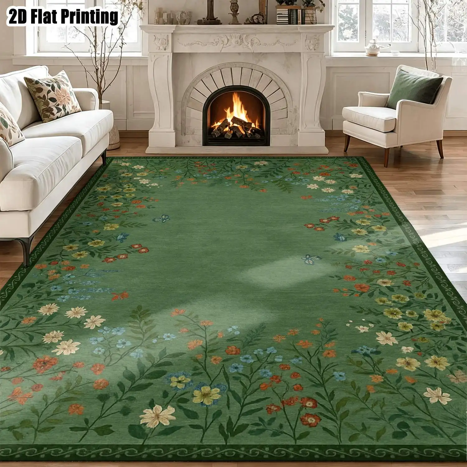 1Pc 2D Printed Carpet: Green Base, Pink-Yellow Floral Leaf Patterns Retro/European/Bohemian Style, Home Decor, Multi-Size, Machine Washable. For Entrance, Dining Room, Foyer, Bedroom, Living Room.