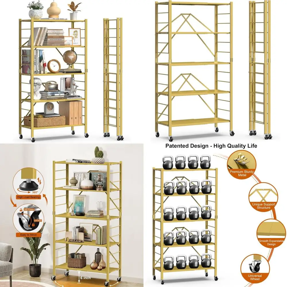 ชั้นวางของโลหะแบบพับได้ 5 ชั้น ขยายได้ พร้อมล้อ สำหรับจัดเก็บของในห้องครัว ห้องเก็บของ และโรงรถ สีทอง