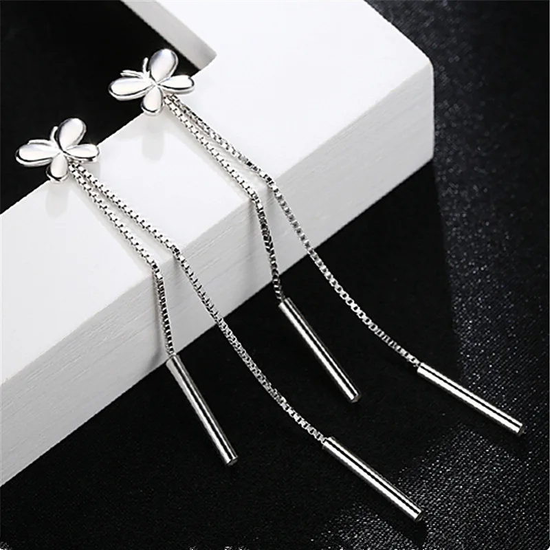 Fashion Silver Color Tassel Butterfly Chain Earrings Vintage European American Women Stainless Steel Plata Earrings Ear Jewelry