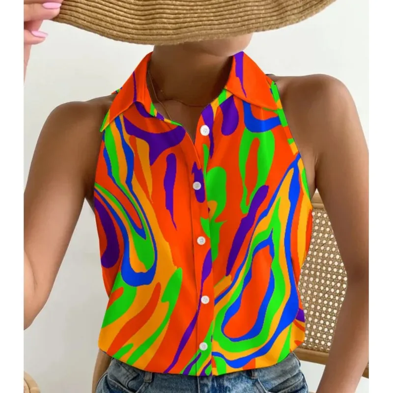 

Summer Casual Fashion Off Shoulder Sleeveless Abstract Printed Women's Shirt Slim Turn Down Collar Single Breasted Blouse Femme