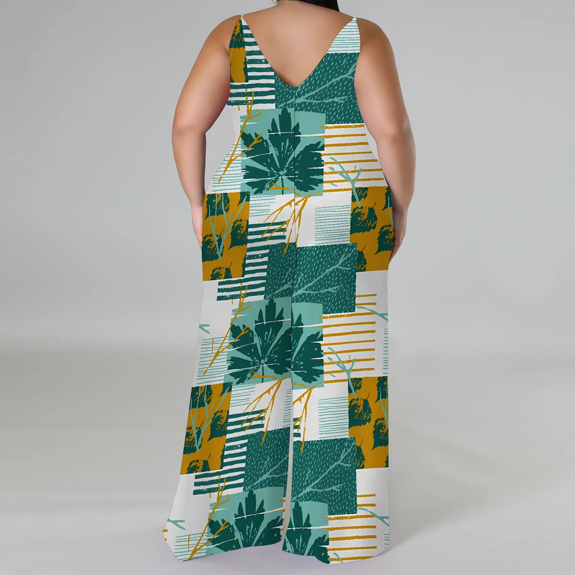 Plus Size Patchwork Leaf Print Jumpsuit with Matching Head Wrap Wide Leg Sleeveless Look
