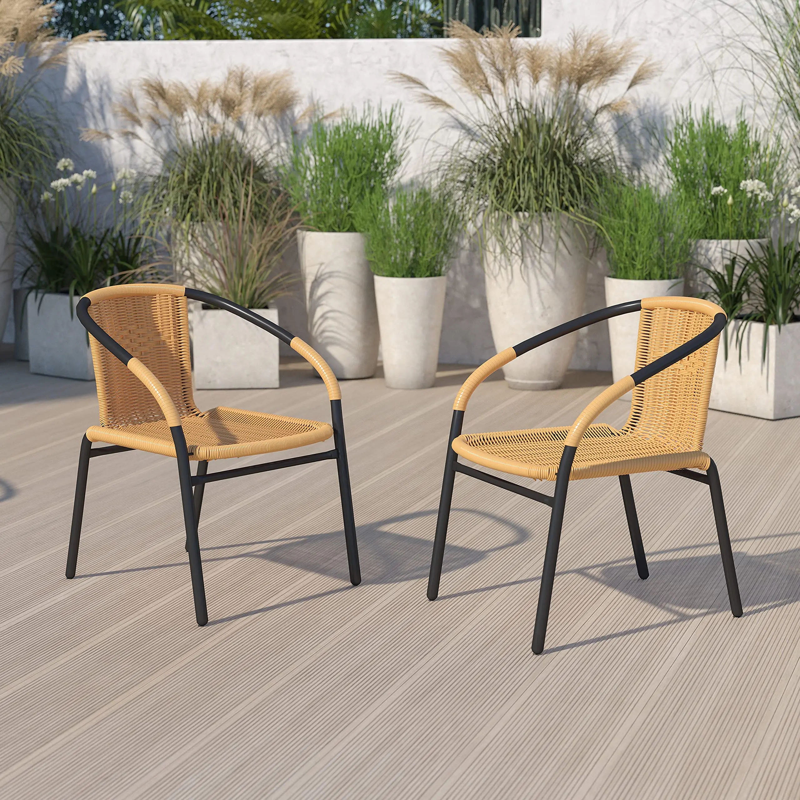 Beige PE Rattan Stackable Patio Dining Chair, 2-Pack