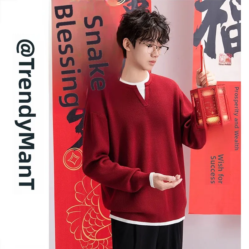 

Новый мужской вязаный свитер 2026 года, красный, повседневный, с круглым вырезом, имитация двухслойного дизайна, удобный крой, теплый