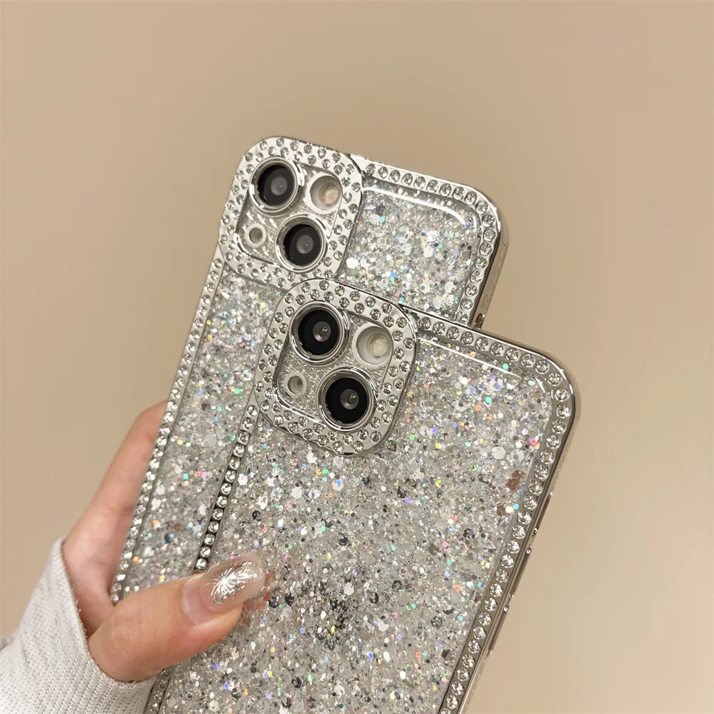 Shiny Rhinestone Shockproof Frame Phone Case For iPhone 16 13 14 15 12 Pro Max 11 Plating Lens Protection Glitter Sequins Cover