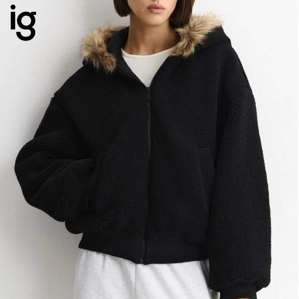IG Women Faux Fur Trim Hooded Teddy Fleece Bomber Jacket, Full Zip Side Pockets Oversized, Winter Warm Casual Fluffy Outerwear