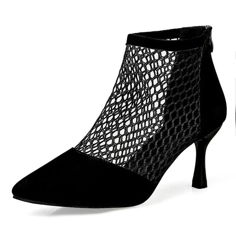 Summer Women High Heels Sexy Fishnet Ankle Boots Heels Suede Heels Pointed Toe Cool Sandals Boots Thin Heels Ladies Casual Shoes