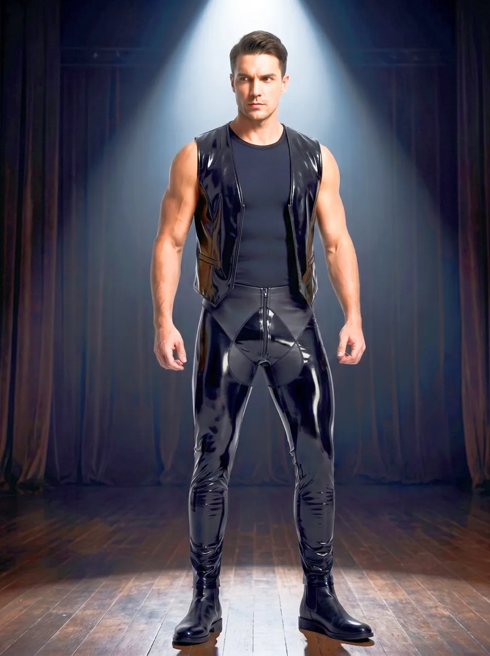 Men's PU Leather Pants Motorcycle-style Stage Show Nightclub Slim Tight-fitting Glossy Stylish