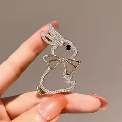 Cute Rhinestone Hollow Rabbit Brooches for Women Girls Animal Metal Lapel Pins Button Clothing Accessories
