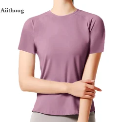 Aiithuug Essencial Yoga Short Sleeve Back Breathale Hole Cool Feeling Quick Dry Gym Shirts Daily Sports Tops Tennis Golf Top