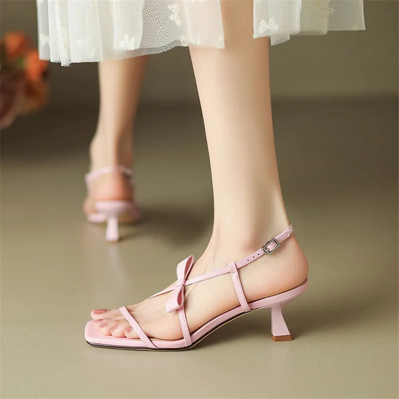 2023 Summer Sandals Women Split Leather Shoes Square Toe High Heels Bow Gladiator Shoes Sandals for Women Handmade Women Sandals