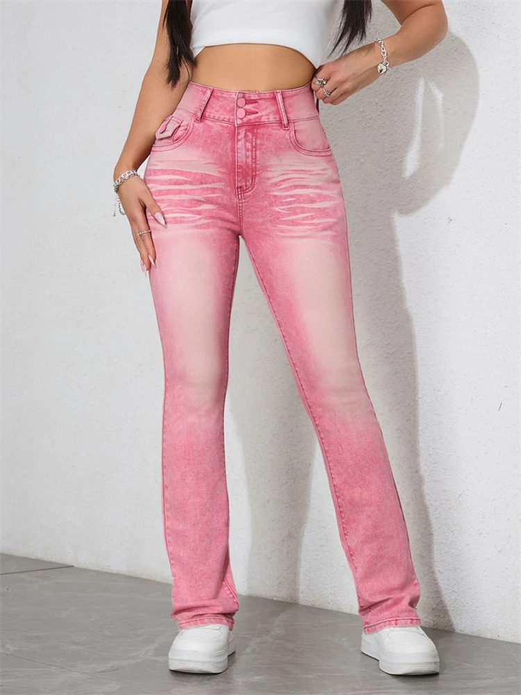

Women's High Waisted Pink Straight Skinny Jeans Personalized Trousers Cool Girl Casual Bottoms Female Street Denim Pants