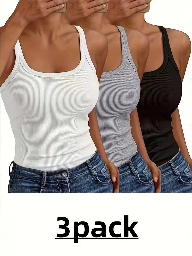 3-Pack Ribbed Wide-Strap Sleeveless Tank Tops for Women, High Elasticity, Slimming Basic Style, Versatile for Layering or Wearing Alone