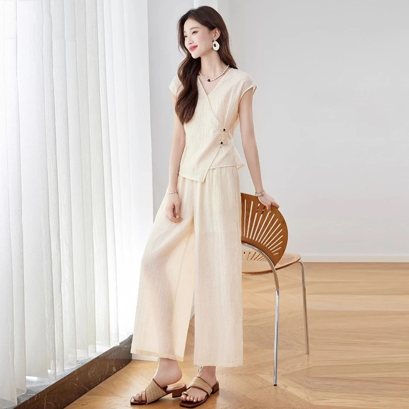Women Summer Outfit Set 2026 High Quality Wide Leg Pants Casual Top 2 Piece Fashion Trendy Look Holiday Vacation Wear​
