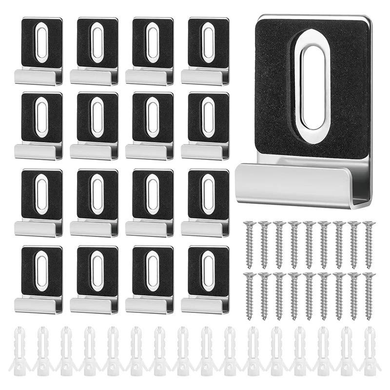 T21C Heavy Duty J Type Mirror Hanger Clips(16Pcs), Metal Mirror Holder Kit Including Screws And Rubber Pads