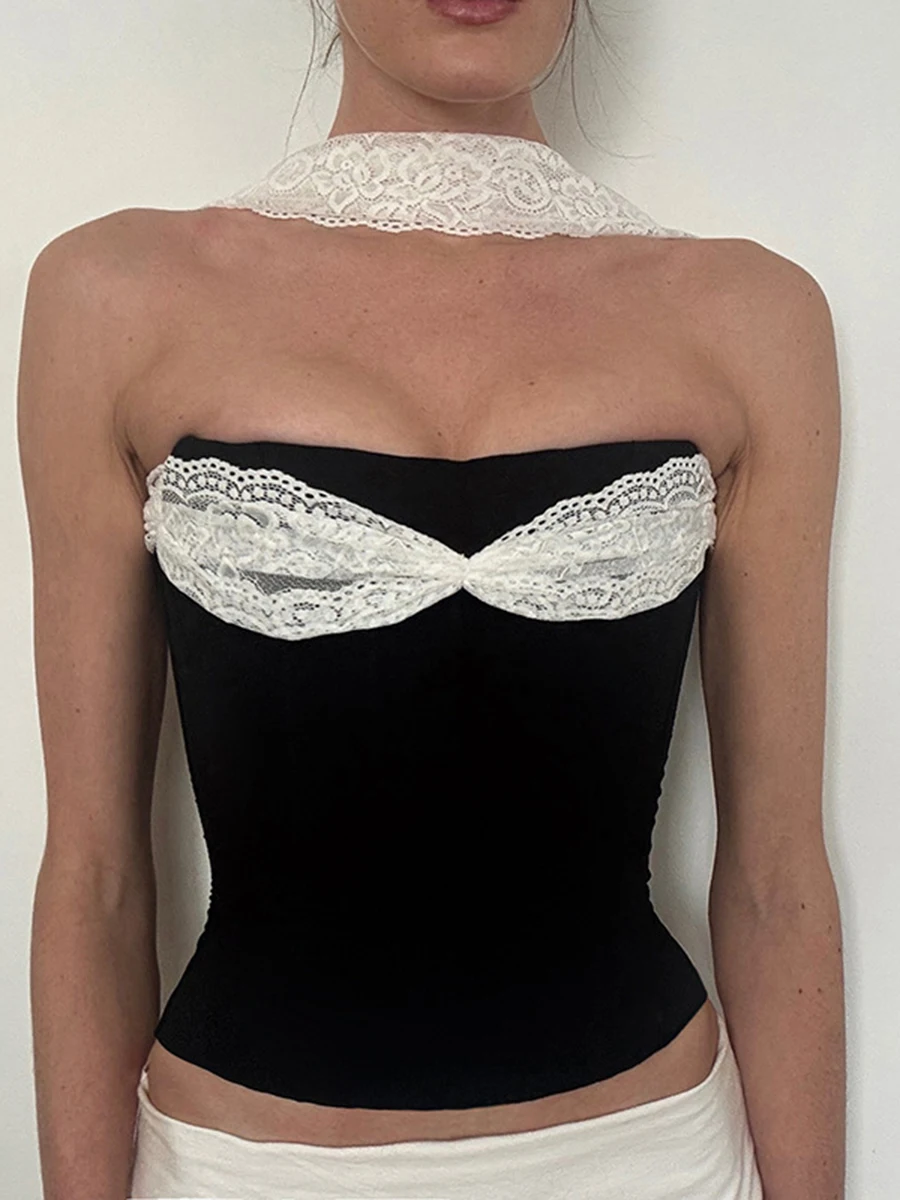 TWOTWINSTYLE Black Slimming Spliced Lace Chic Vests for Women Strapless Sleeveless Korean Elegant Vest Female Summer Fashion New