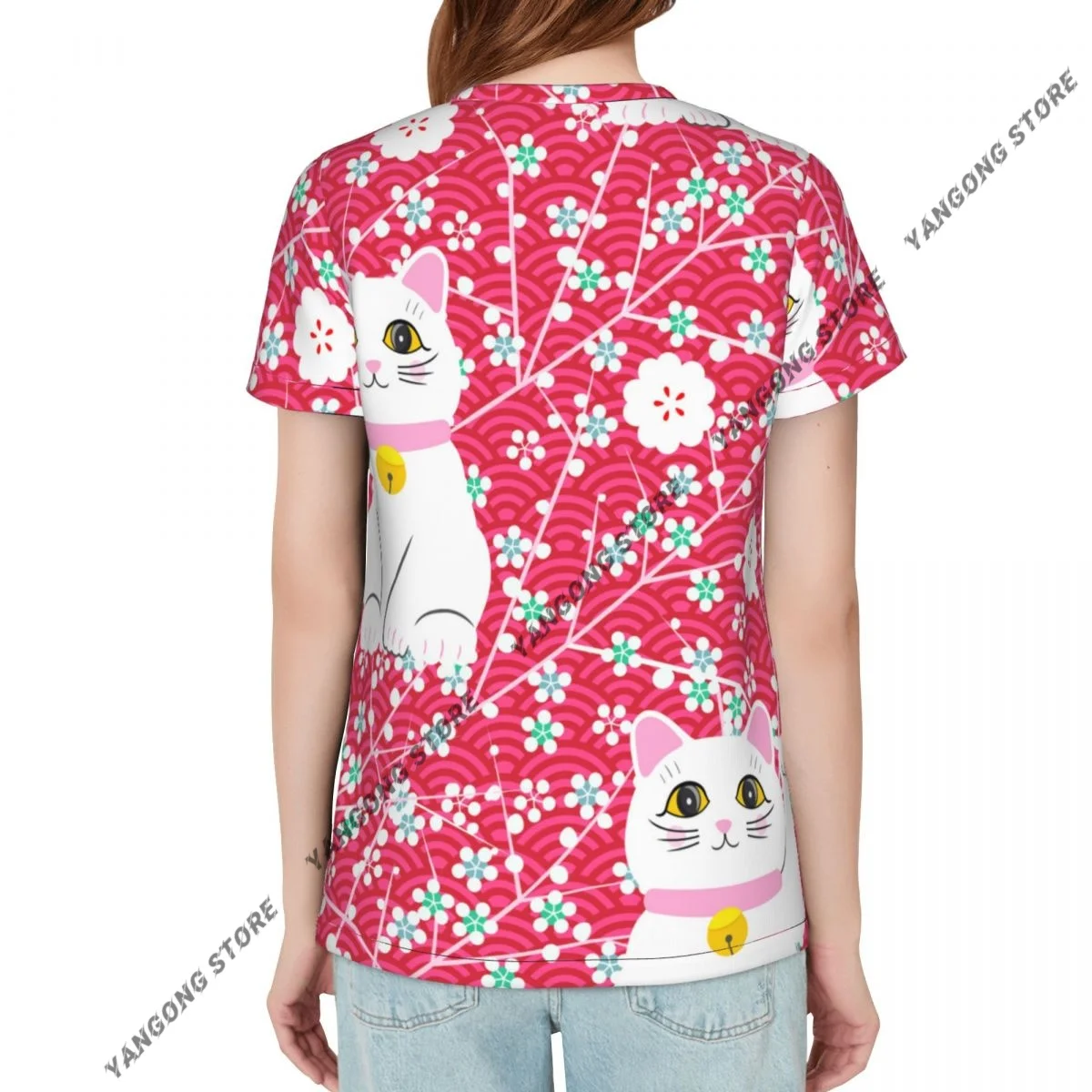 Womens Short Sleeve Japanese Lucky Cats Casual Tee Clothing Crewneck Woman T-Shirts