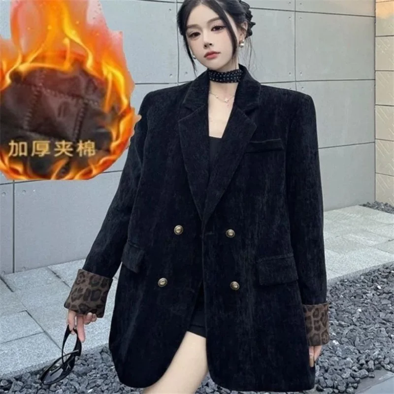 

Женский утепленный пиджак из шенилла с леопардовым принтом, осенне-зимний повседневный блейзер-пальто для женщин