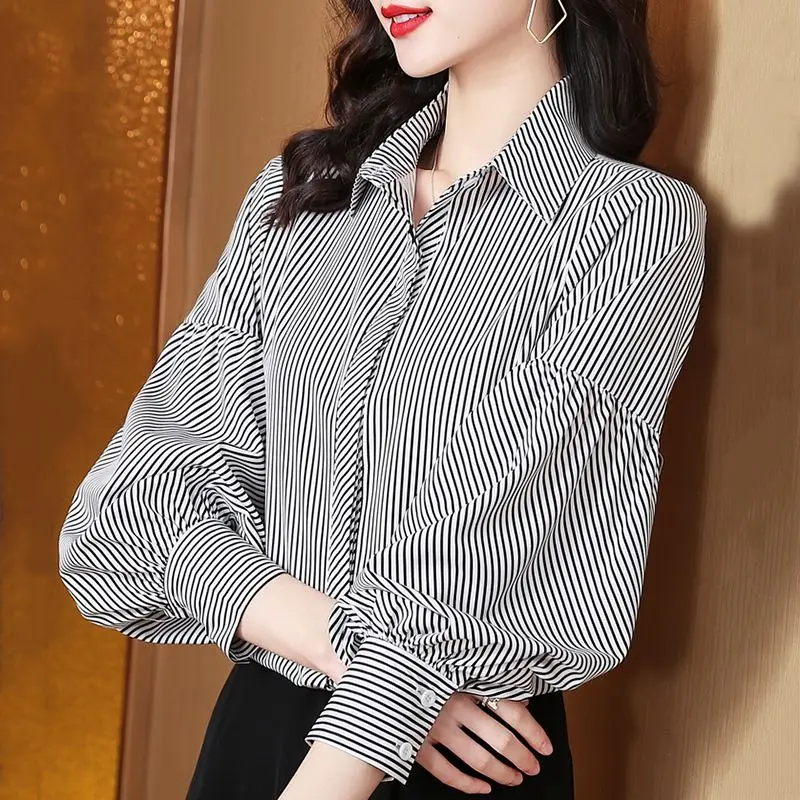 Women\'s Autumn Fashion Simplicity Striped Polo Collar Long Sleeve Chiffon Shirts Women Clothes Casual All-match Temperament Tops