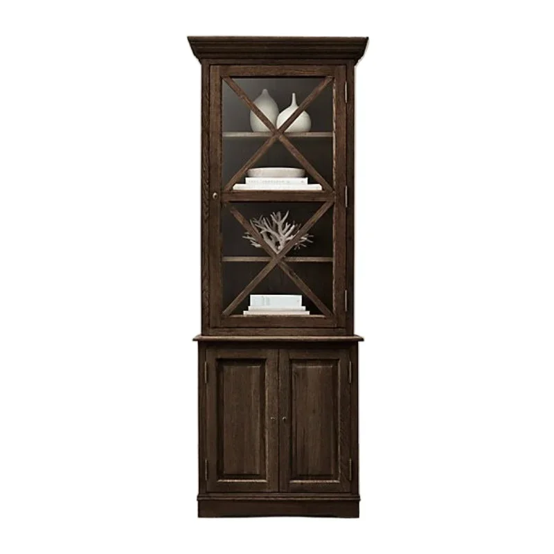 

American light luxury solid wood glass door bookcase multi-layer floor shelf European retro bookcase study simple furniture