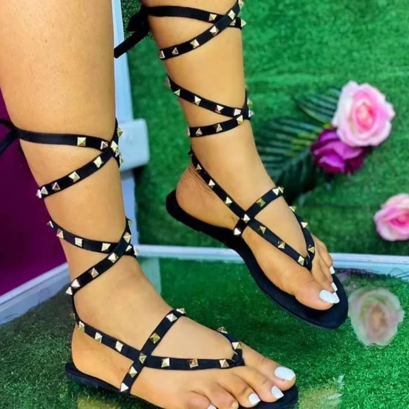 

Fashion Gladiator Sandals 2023 Summer Women's Sandals Pinch Toe Cross Straps Flats Casual Rivet Ladies Shoes Rome Shoes Zapatos