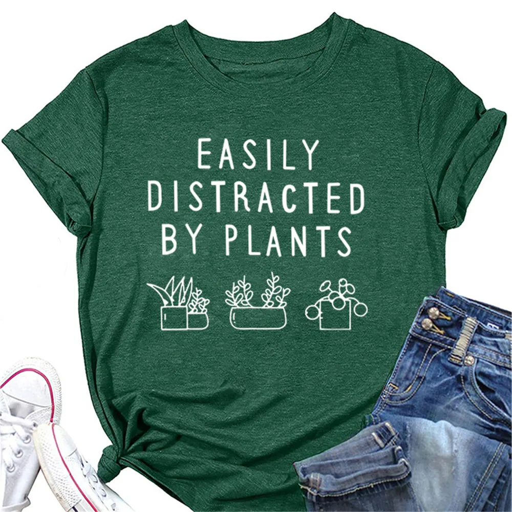 Easily Distracted By Plants T Shirt Women Plant Graphic Tshirts Funny Farm Premium Tops O-neck Gardener Garden Lover T-Shirt