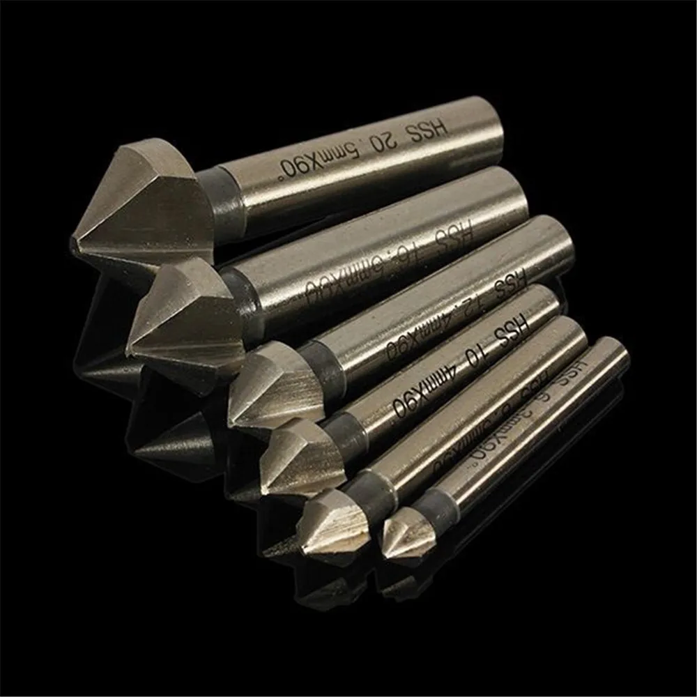 Round shank 6pcs 3 Flute 90 Degree HSS Chamfer Chamfering Cutter End Mill Tool Countersink Drill Bit Set 6.3-20.5MM