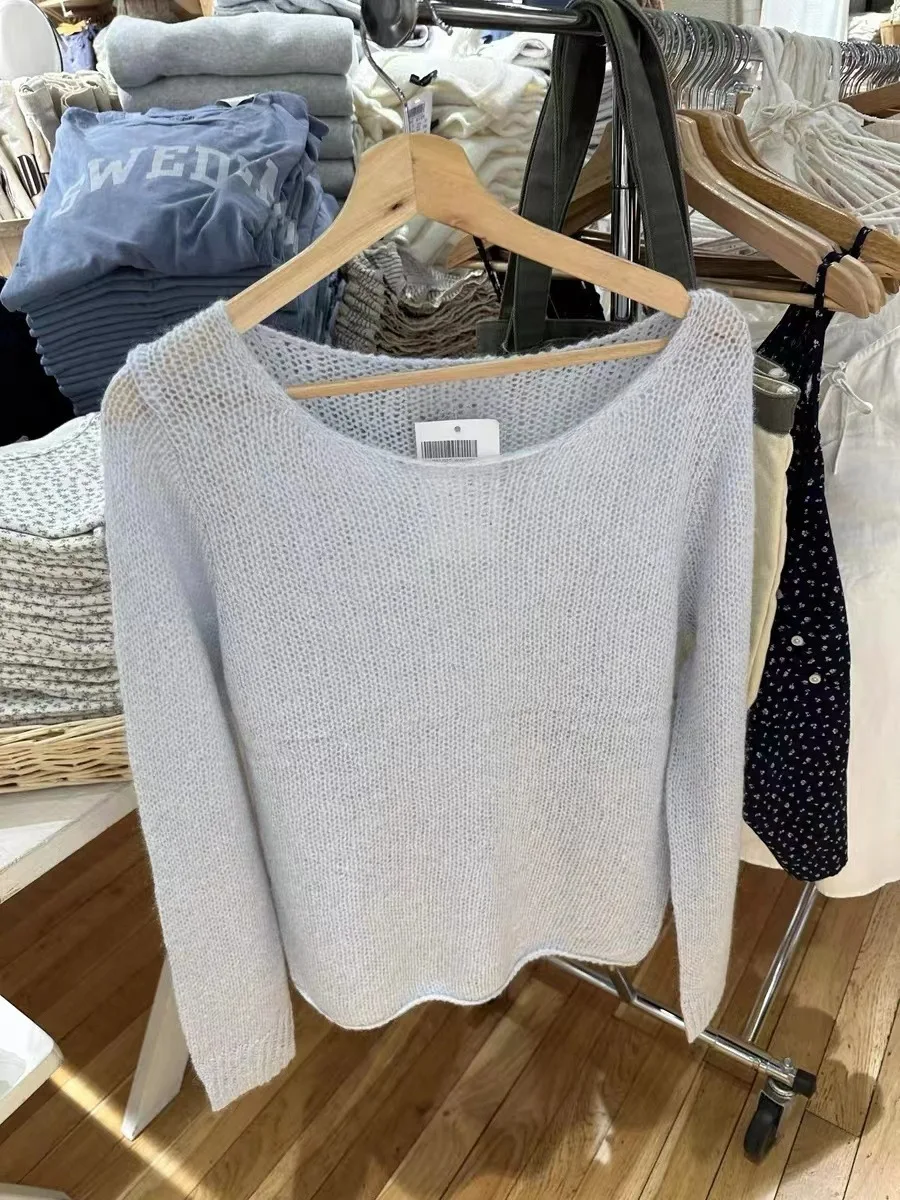 New Autumn Beige Thin Transparent Long Sleeve Knitted Sweater With Hollowed Out Solid Color Basic Sheer Knitting Pullovers Top