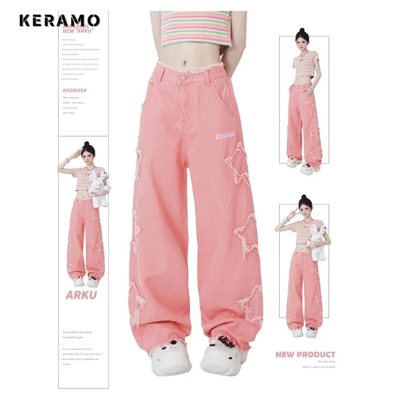 

Vintage Sweet Stars Tassels High Waist High Street Pink Straight Jeans Pants Fashion Women Wide Leg Baggy Y2K Denim Trouser