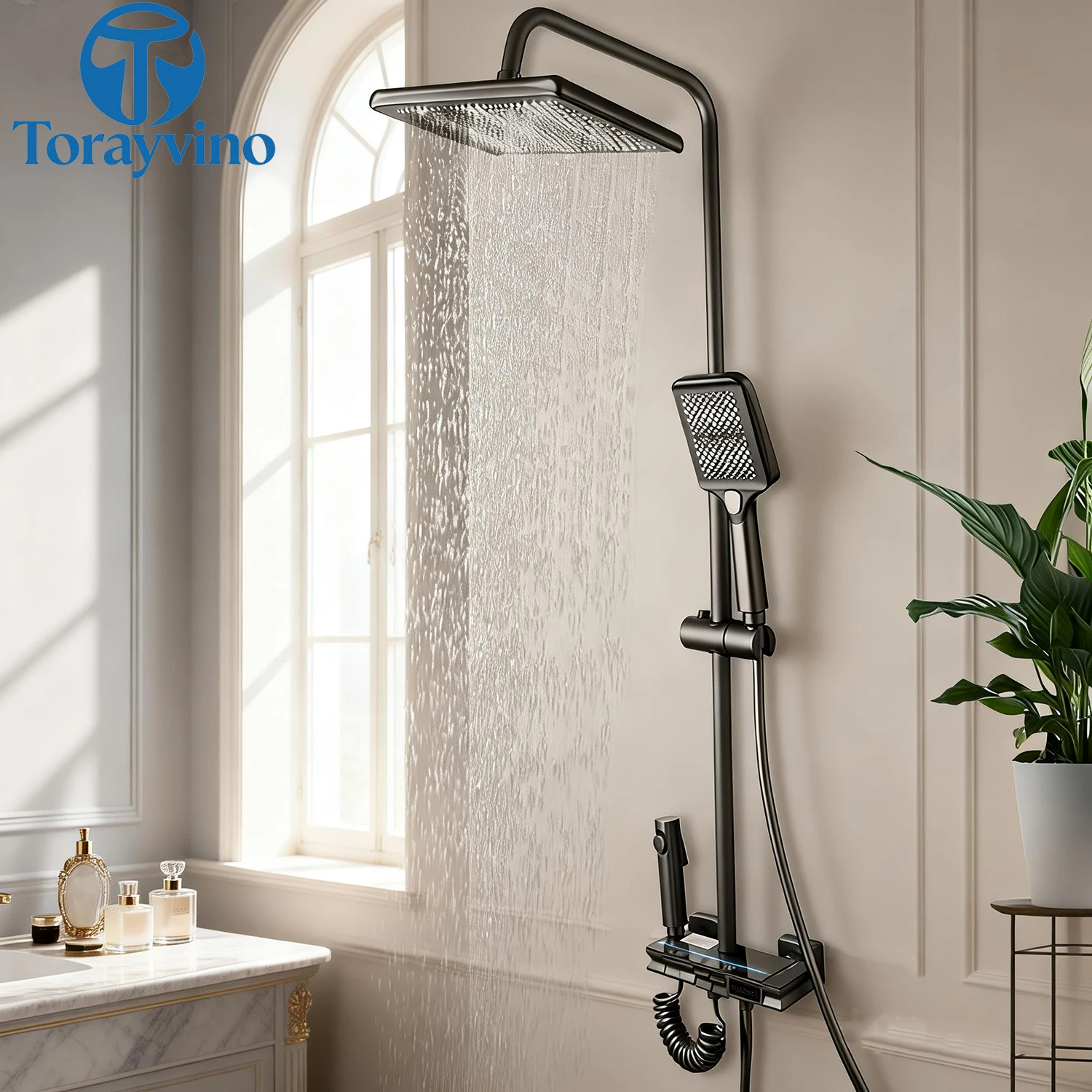 Torayvino Temperature Bathroom Rainfall Shower Set 4 Functions Digital Display Color Changes w/ Det Hot Cold Mixer Faucet Tap