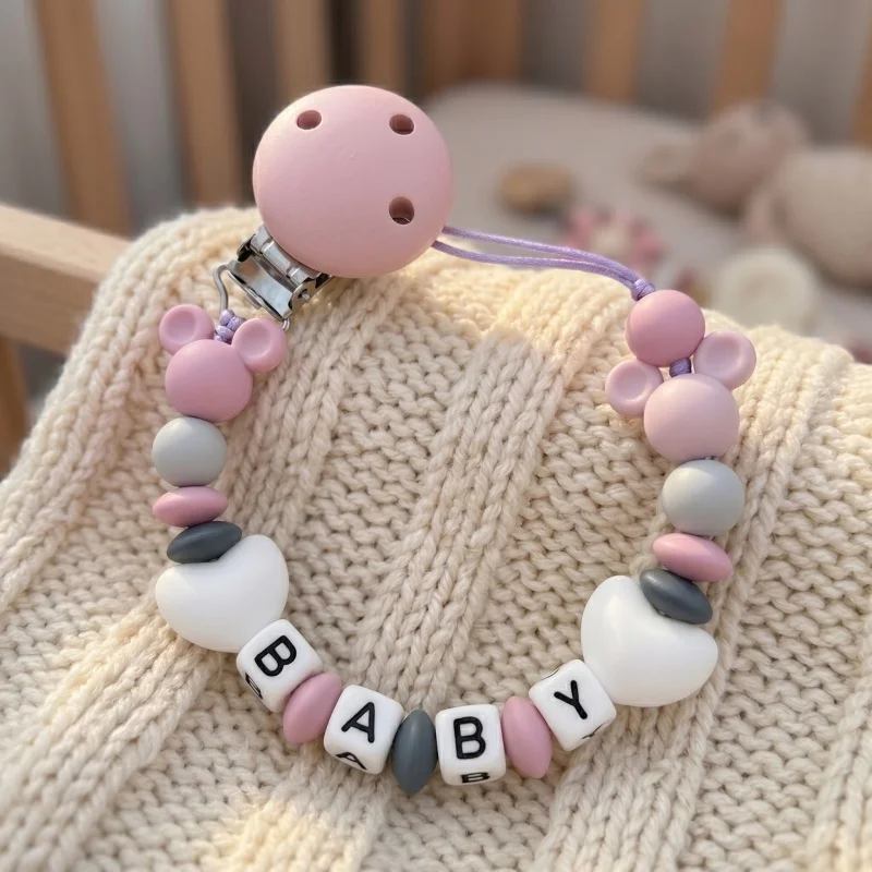 Aangepaste babynaam fopspeenhouder blauw hart siliconen kralen handgemaakte dummy clip voor jongens douchegift tepelriem bijtketting