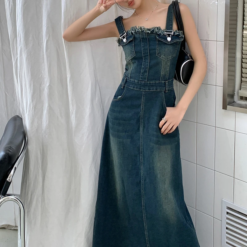 Retro Women Strap Long Beach Sundress Denim Dress Vintage Preppy Ripped Tassel Maxi Dress Pocket High Waist Fashion Dress Trendy