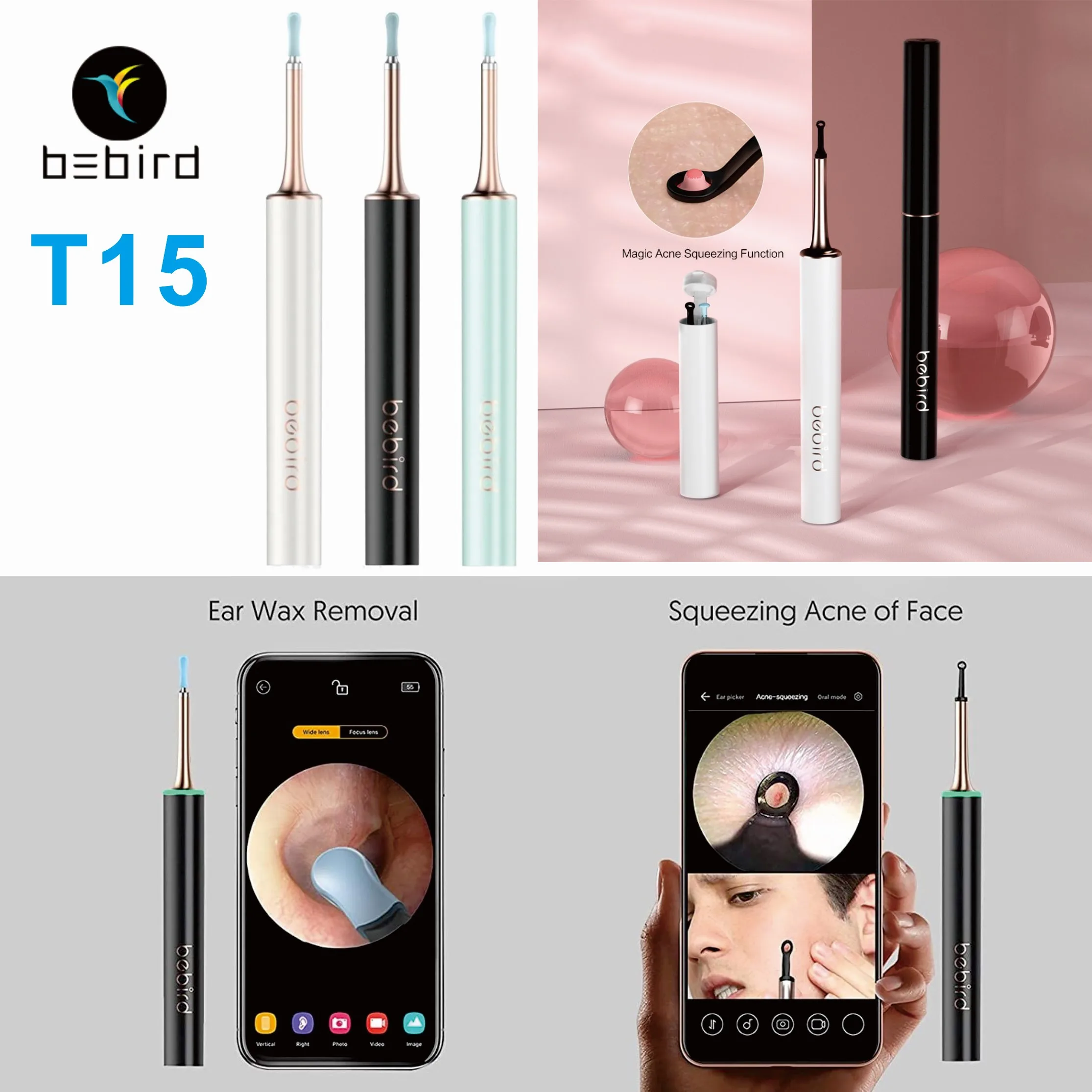 Original Bebird T15 Visual Earwax And Pimple Blackhead Remover Kits With Camera For iPhone Andorid Pho Earpick App Visible Clean