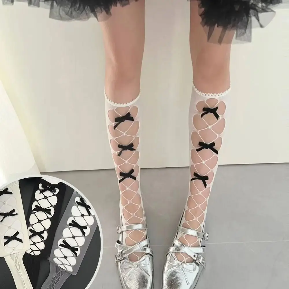 New Hollow Out Fishnet Socks Ruffle Trim Bow Decor Net Stockings Thin Fabric Bow Socks Girls Women