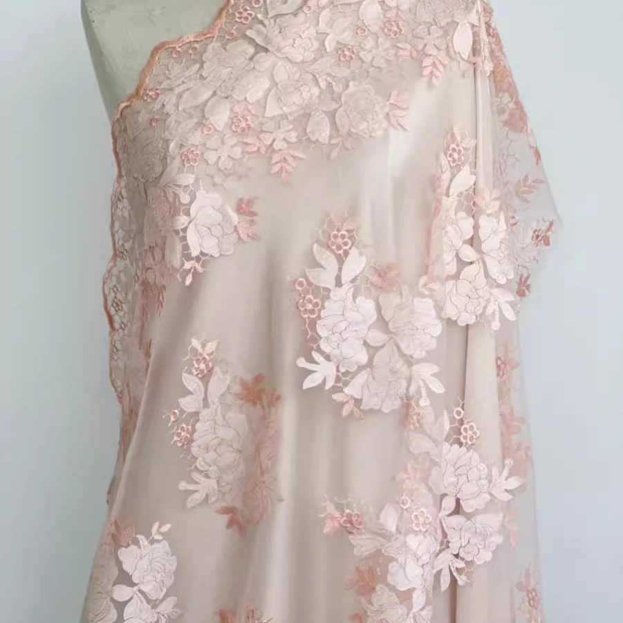1yard High quality mesh fabrics Light pink orange three-dimensional embroidery tissus Dress skirt dress accessories material