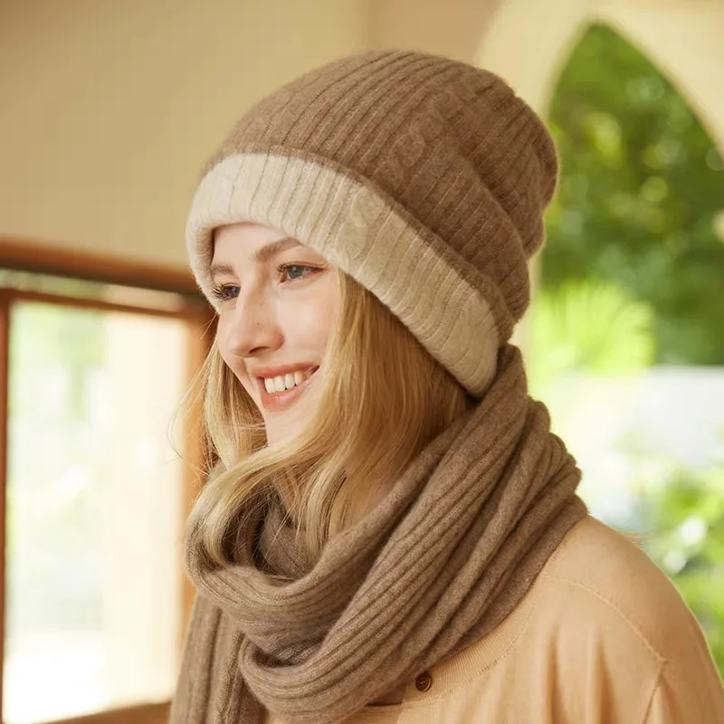2025 New 100% Merino Wool Cap for Women Winter Hats Two-Tone Double-Deck Knitted Cap Outdoor Thick Wool Warm Hat Hedging Beanies