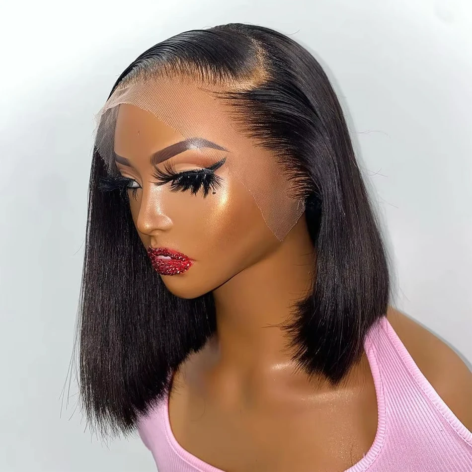 

Straight Short Bob Wig 13x4 Transparent Lace Frontal Wigs Brazilian Remy 100% Human Hair 4x4 Lace Front Wig 200% Density 16 Inch