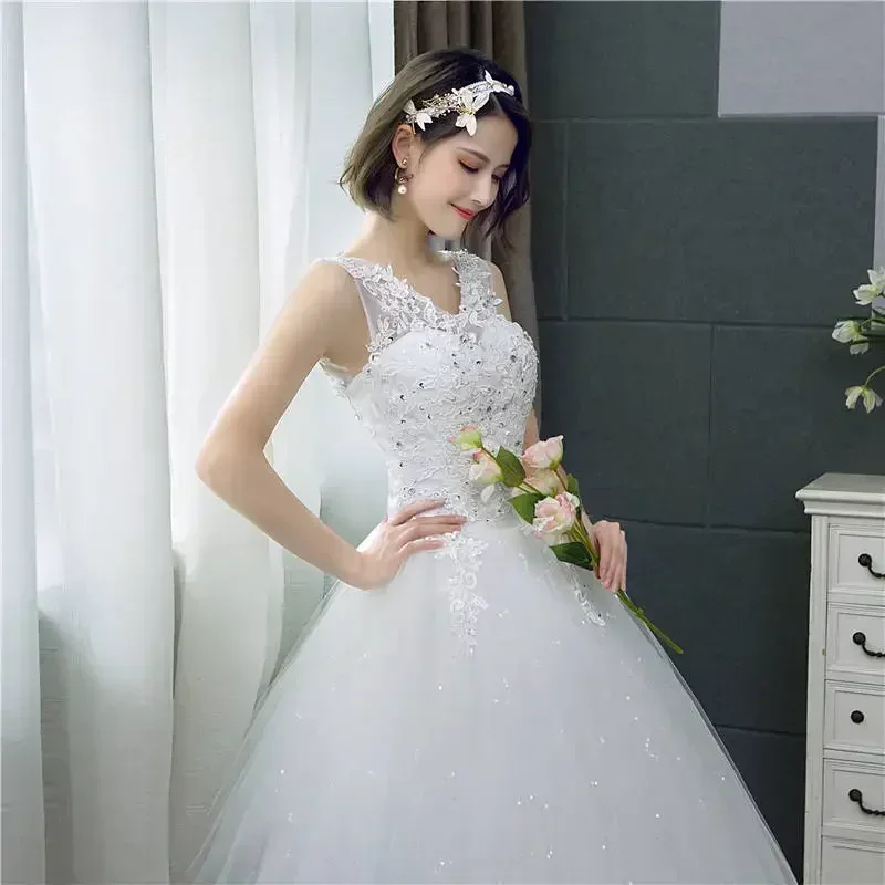 Customized Wedding Dress Pure White V-neck Appliques Sleeveless Princess Floor Length Plus size Wedding Gowns De Novia HS288 image 3