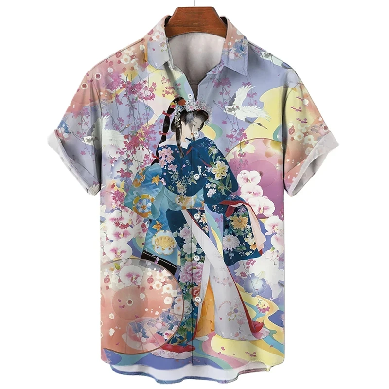 Camisas con estampado 3D de Geisha japonés para hombre y mujer, blusas informales de manga corta a la moda, Tops con solapa, ropa de diseñador