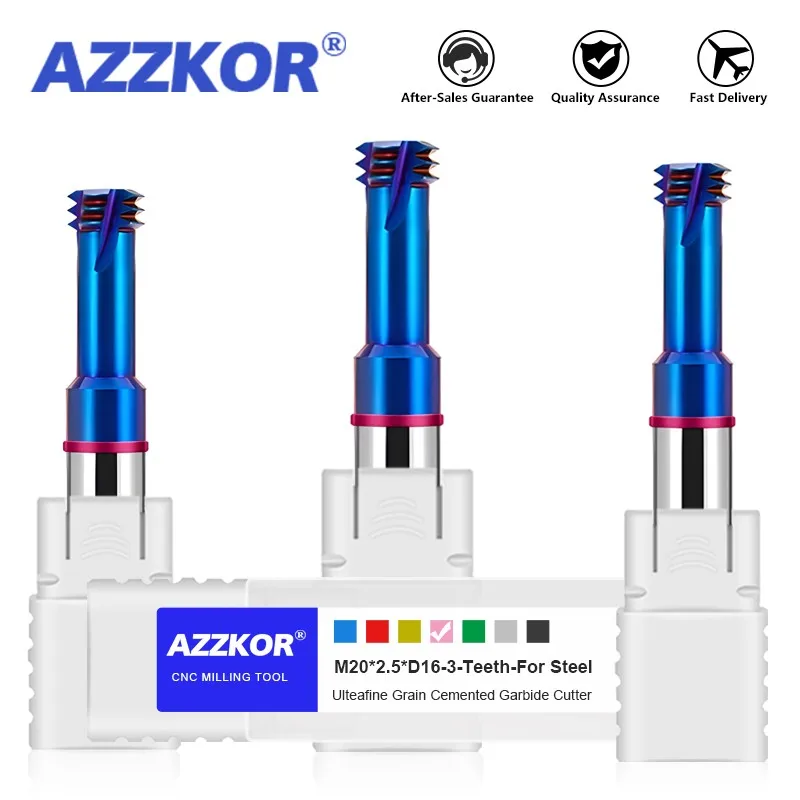 AZZKOR HRC65 3-Teeth Thread Milling Cutter Tungsten Steel Carbide Blue Nano Coating High Hardness Endmill For CNC Machin Tools