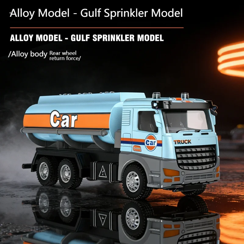 

1:36 Gulf Sprinkler Alloy Model Car, Pull Back Diecast Water Tank Truck, Toy for Kids Adults, Collectible Gift