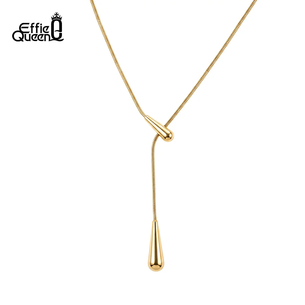 EFFIE QUEEN Fashion Y-shaped Long Drop Pendant Chain Necklace Stainless Steel Women's Y Necklace Waterproof Jewelry STKN37
