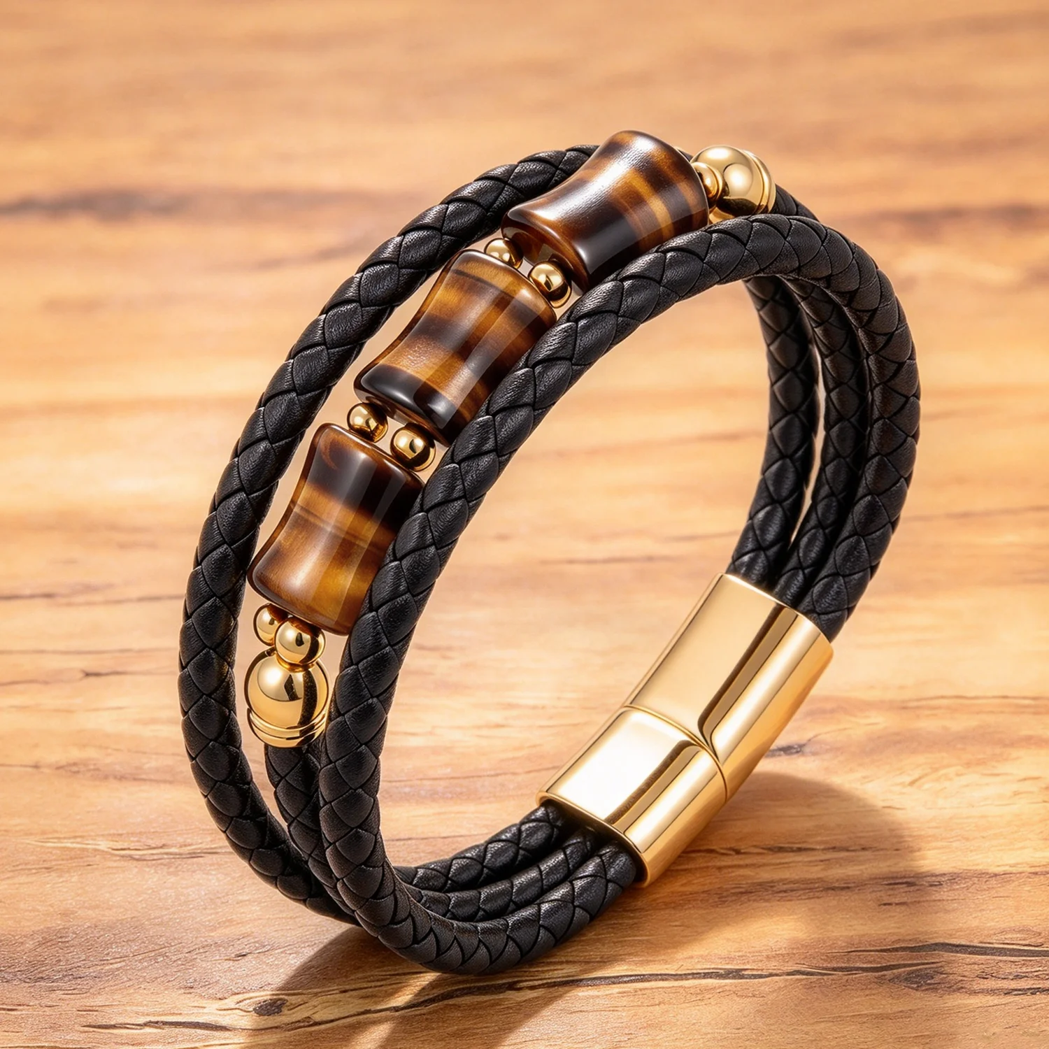 Men's Braided Leather Bracelet Natural Tiger Eye Stone Triple Row Woven Cuff Gold Stainless Steel Magnetic Clasp Bangle Jewelry