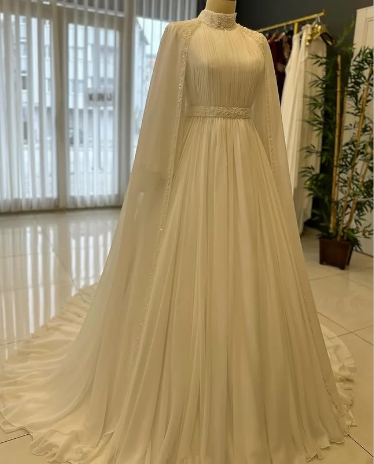 Белый мусульманский кафтан, свадебные платья в Саудовской Аравии с накидкой, блестящий кафтан с высоким воротом, свадебное платье по индивидуальному заказу, одежда