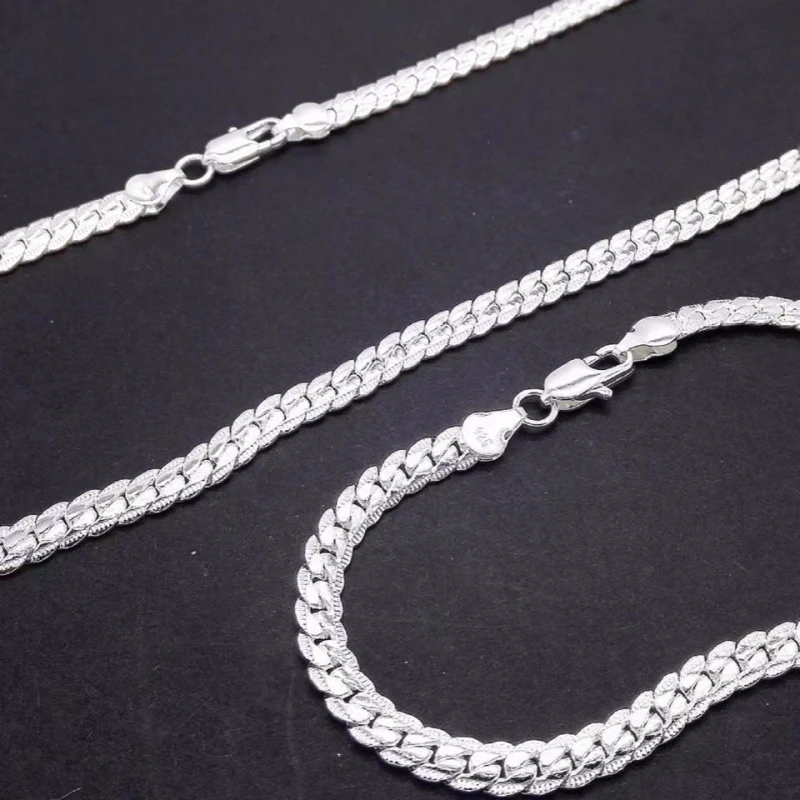 

925 Sterling Silver Christmas Gifts European Style 5MM Flat Chain Necklace Bracelets Fashion for Man Women Jewelry Sets S085